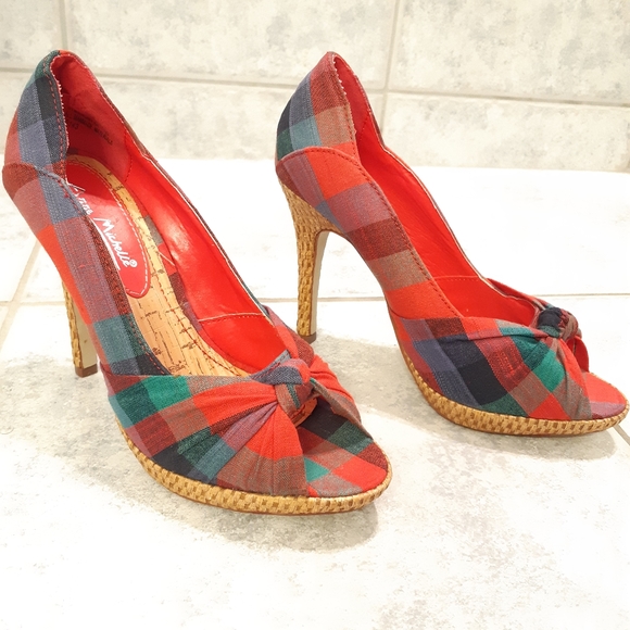 Anne Michelle Shoes - Anne Michelle red plaid peep toe wicker heel
